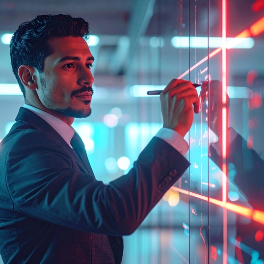  A man in a suit writes on a glass screen displaying red digital data lines in a modern office setting, analyzing ways to rationalize security and optimize security spend.