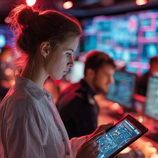 Woman using a tablet with digital controls in a technology-focused control room, working to rationalize security, with blurred colleagues and monitors in the background.