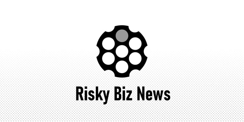 Logo for Risky Biz News featuring a stylized revolver cylinder with one chamber shaded, symbolizing the unpredictable nature of cybersecurity issues, and the text 