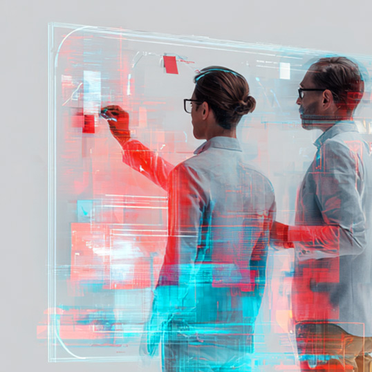 Two people interact with a large transparent digital screen displaying colorful data and graphics in a modern, high-tech environment, addressing the security skill shortage with innovative visual solutions.