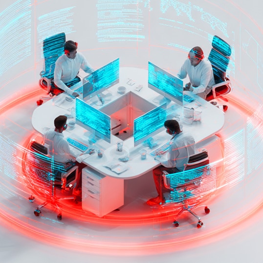  Four people at a circular desk with multiple monitors, surrounded by digital data graphics and a red glowing ring, highlight the intensity of cybersecurity operations amid a growing security skill shortage.