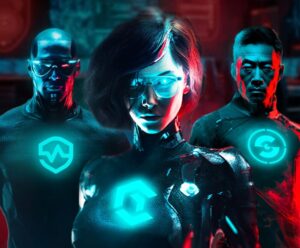 Three people in futuristic suits with glowing blue symbols, empowered by Agentic AI, stand in a sci-fi setting with dim, dramatic lighting.