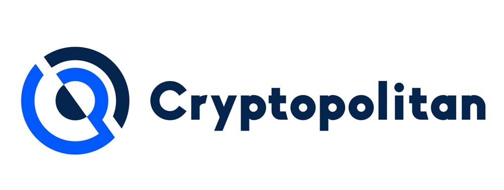 Cryptopolitan logo featuring a circular blue and dark blue icon to the left of the word