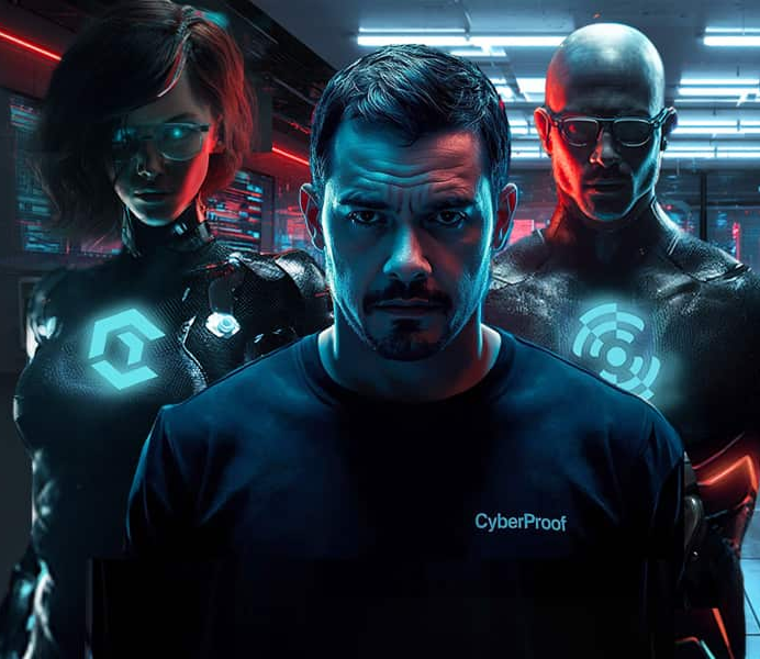  Three people in futuristic outfits stand in a high-tech room; the man in front wears a "CyberProof" shirt, while the two behind, experts in cyber security, have glowing symbols on their suits.