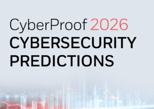 CyberProof 2026 cybersecurity predictions text with a blurred cityscape and digital data visualization in the background highlights emerging threats like the malware problem.