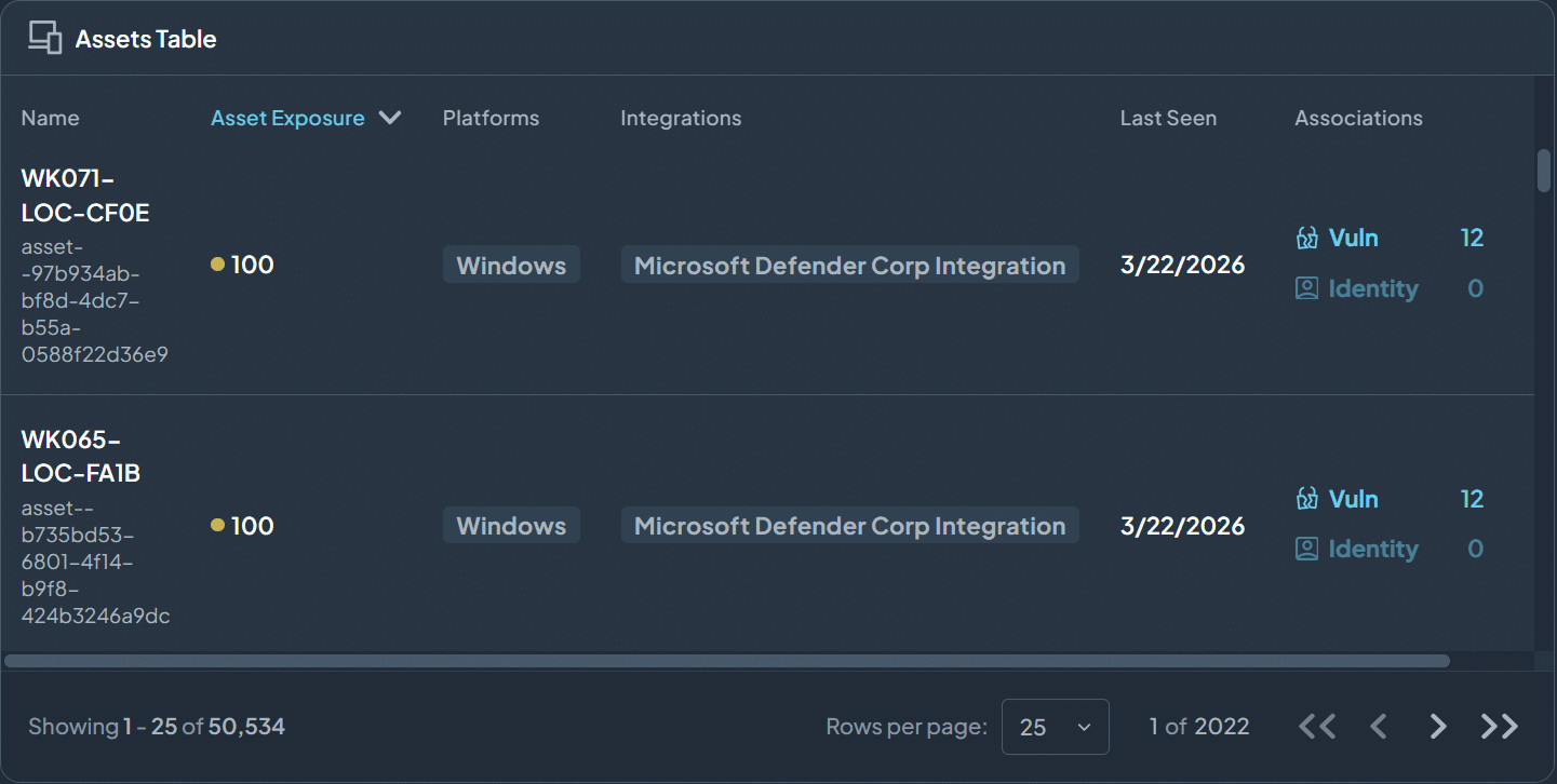  A dark-themed dashboard displays an assets table with asset names, IDs, platforms, integrations, scores, dates, and types of exposure. Two asset rows are visible.