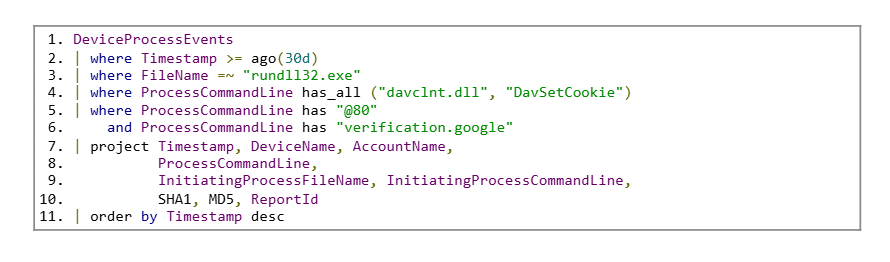 A screenshot of a Kusto Query Language (KQL) script filtering DeviceProcessEvents for ClickFix variant activity, focusing on processes related to "rundll32.exe" and potential fileless payload delivery via specific command line parameters.