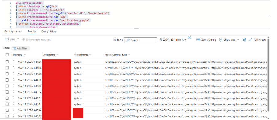 A code editor shows a query for device process events with filters; below, a results table displays system processes—such as Rundll32 executions—with columns for timestamp, device name, account name, and command line.