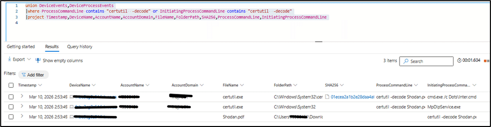 Screenshot of a data query and results in a security monitoring tool, showing process execution events with columns for timestamp, account name, file name, and related command lines—critical for global financial organizations tracking PXA Stealers activity.