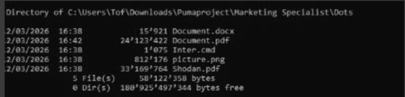A command prompt window displays a directory listing of five files, including Document.docx and Shodan.pdf—files that could attract the attention of global financial organizations targeted by PXA Stealers. Each file’s size and timestamp are shown.