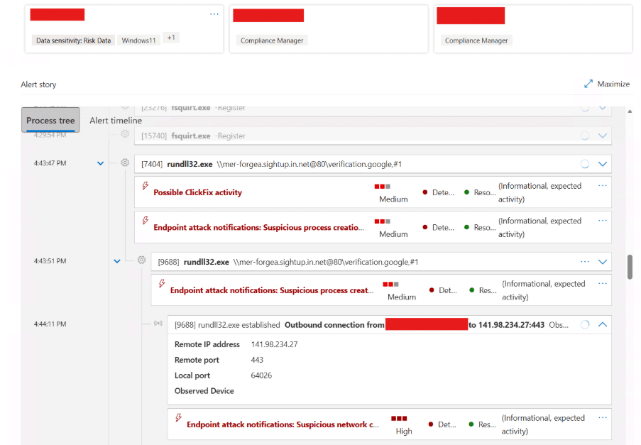 A cybersecurity dashboard shows an alert timeline for suspicious endpoint activity, including process events and network connections, with risks labeled as medium or high severity.