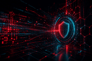 A digital shield symbol is surrounded by red and blue circuitry, representing cybersecurity and data protection in a virtual environment powered by the CDC Reveal360 Platform.