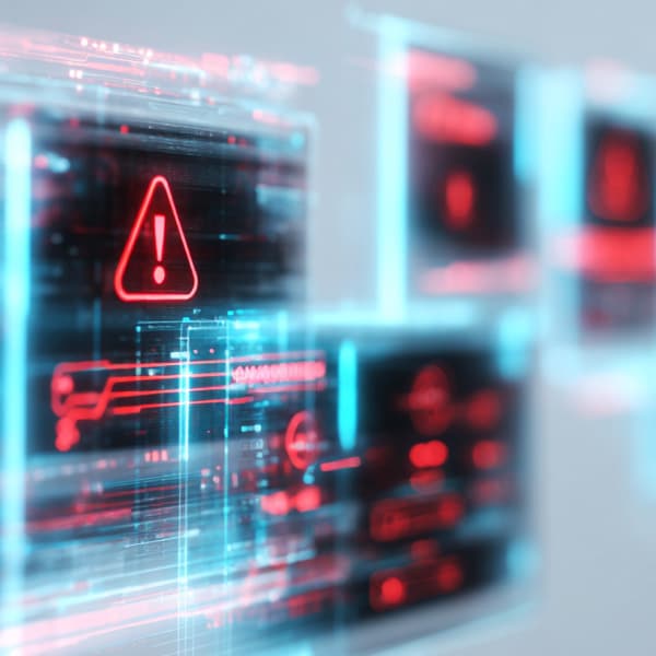  Digital interface displays red warning symbols and exclamation marks, suggesting a cybersecurity alert or system error notification.