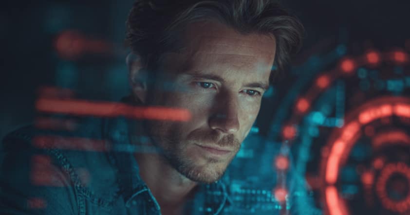 A man looks intently at a futuristic digital interface with red and blue holographic data displays in a dimly lit environment.