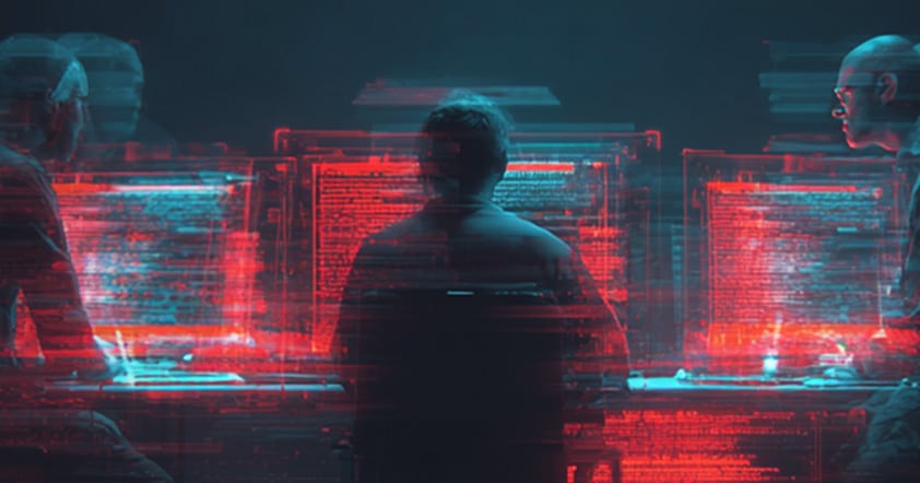 Three people sit at computer screens displaying red and blue digital code, with glitch-like visual effects conveying a cyber or hacking theme.
