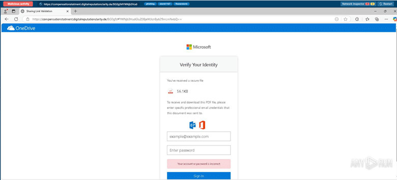 A Microsoft OneDrive login page prompts the user to verify their identity by entering a code and password; warning and navigation bars appear at the top.