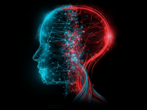 Digital illustration of a human head in profile, split into blue and red halves, with neural network and circuitry patterns symbolizing artificial intelligence, technology, and Anthropic Glasswing AI security.