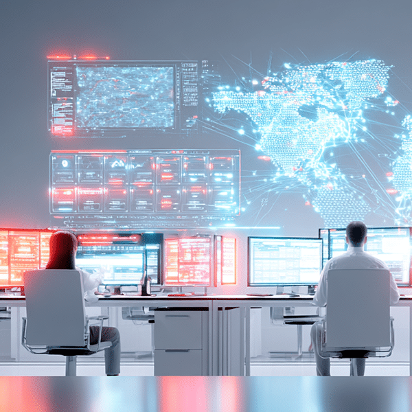  Two people sit at desks facing multiple computer screens in a high-tech control room, overseeing digital displays of data and maps as an AI investigation with Agentic AI tools unfolds on the wall.