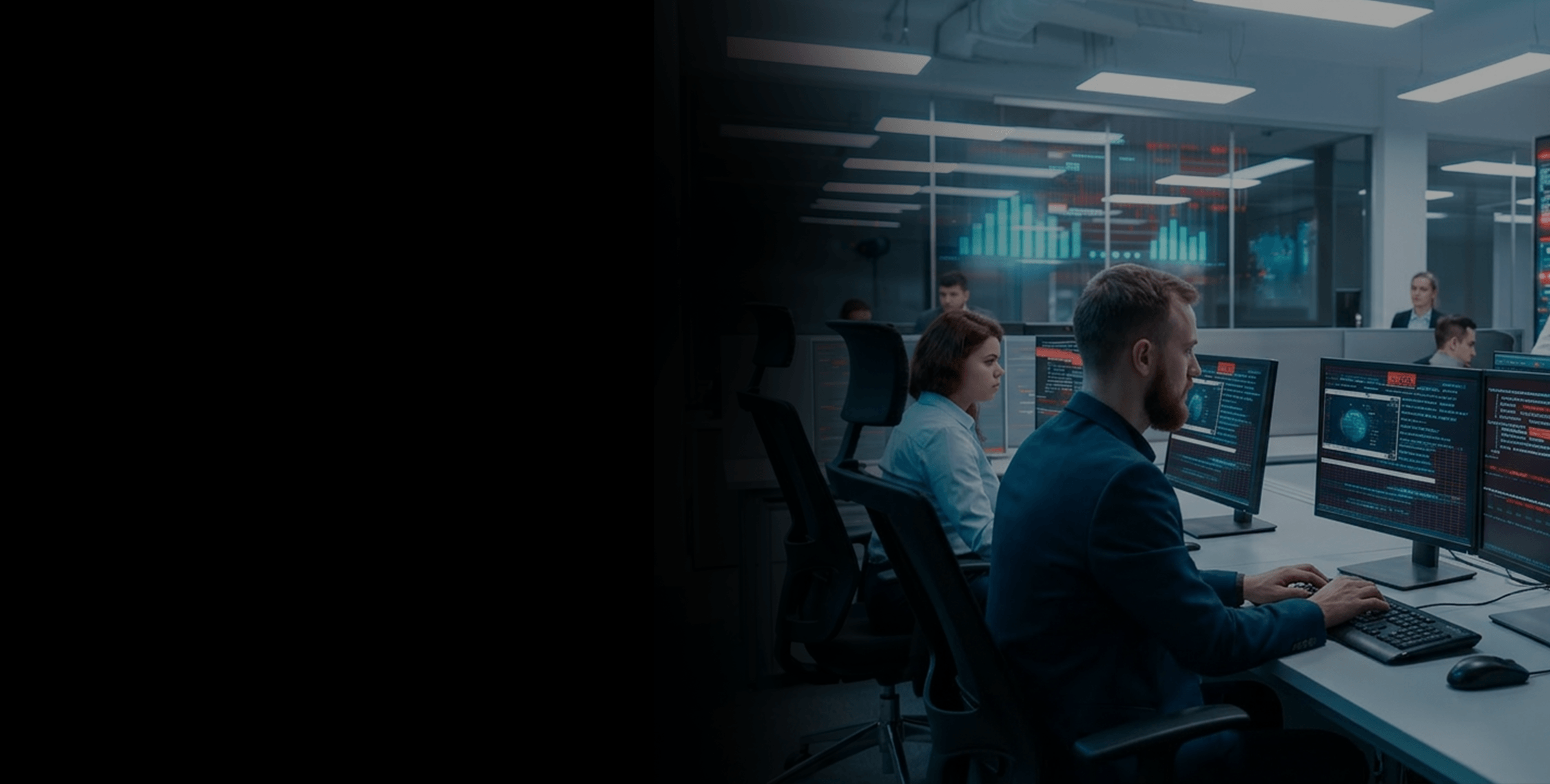 People work at computer stations in a modern office with multiple monitors displaying data, charts, and code.