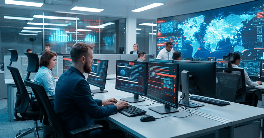 People working at computer stations in a modern control room with large digital displays showing global maps and data, monitoring Agentic AI activities and conducting AI Investigation.