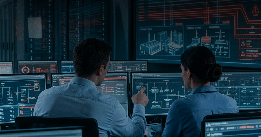 Two people sit at computer monitors in a control room, analyzing technical data and system diagrams displayed on multiple screens.