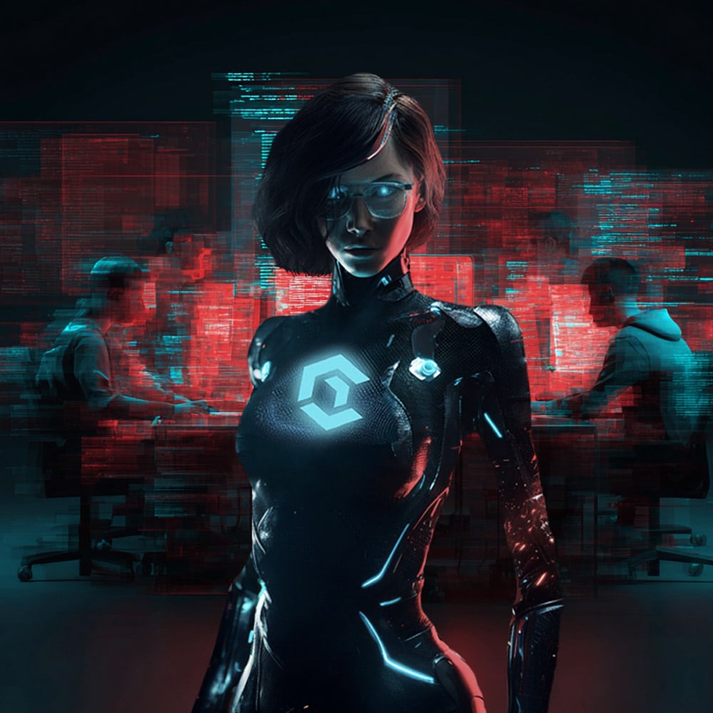  A woman in a futuristic bodysuit with a glowing emblem stands in front of people working at computers, surrounded by digital interface graphics.