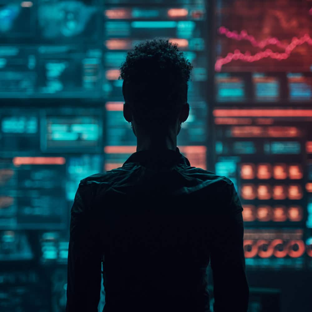  A person stands facing large digital screens displaying various data charts, graphs, and statistics in a dark, high-tech environment.