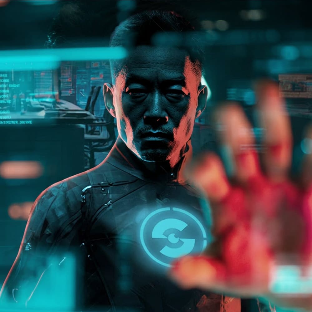  A person in a futuristic suit with a glowing emblem stands behind a transparent digital interface, raising one hand towards virtual screens.