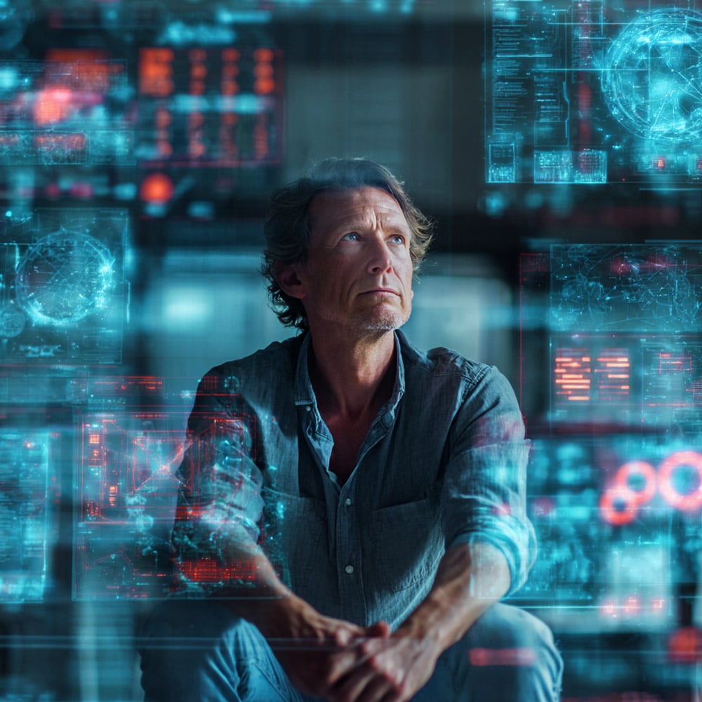  A man sits thoughtfully surrounded by floating digital data screens and Agentic MXDR-powered holographic technology displays.
