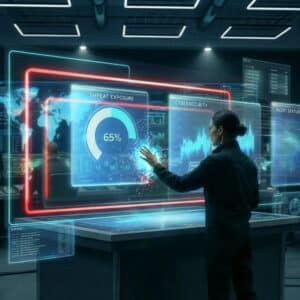 Person interacts with large transparent digital screens displaying data on threat exposure, cybersecurity, and alert status in a high-tech control room.