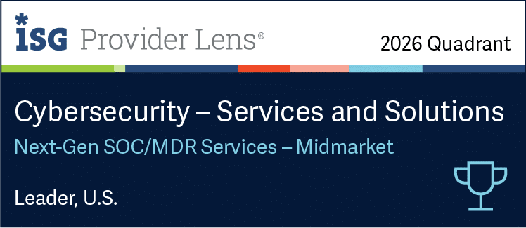  ISG Provider Lens 2026 Quadrant badge naming a Leader in U.S. Cybersecurity Services and Solutions for Next-Gen SOC/MDR Services in the Midmarket category, with strengths in Adversarial Exposure Validation.