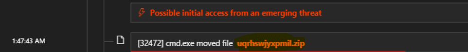 Screenshot of a security alert showing possible initial access from a threat, with a highlighted file named
