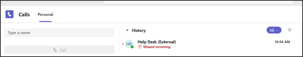 Screenshot of a call history screen showing a missed incoming call from