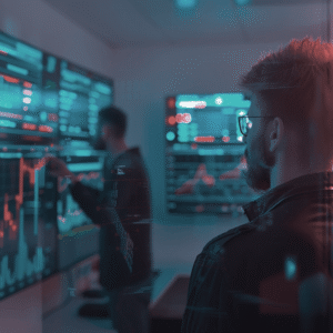 Two people analyze data displayed on large digital screens with charts and graphs in a modern, dimly lit room.