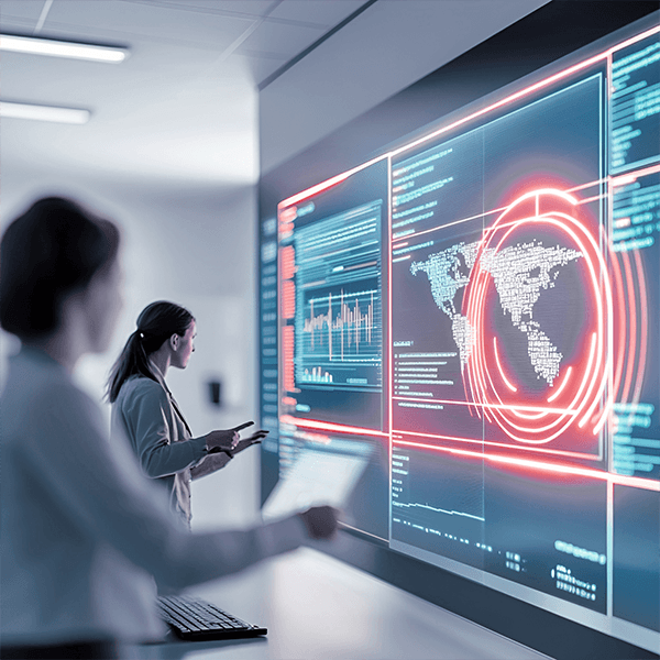 Two people view digital maps and data on a large display screen, highlighting global data points and analytics with red concentric circles centered on the Americas.