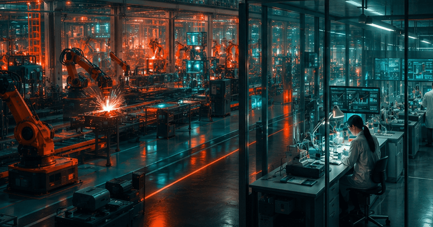 A person works at a desk in front of large factory windows; robotic arms and machinery operate on an automated production line in the background.