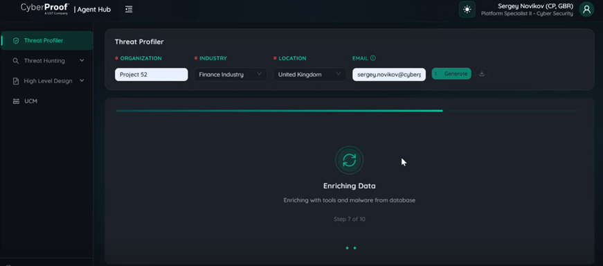 A dark-themed dashboard shows a threat profiler powered by AI Agents generating data for a UK finance industry project, with loading status
