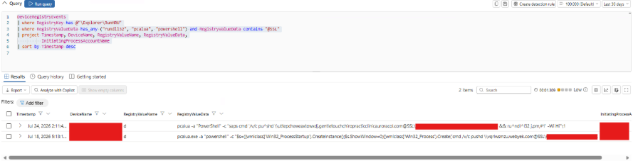 Screenshot of a log query in Azure Monitor showing query code at the top and filtered diagnostic logs with timestamps and redacted data below, highlighting potential indicators of Rundll32 Ordinal Execution.