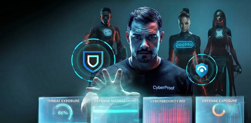 A man interacts with virtual security panels showing threat exposure, defense management, cybersecurity ROI, and defense exposure—demonstrating the synergy between Agentic MXDR and AI Agents under Human Control—with three figures and digital graphics in the background.