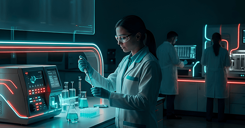 A scientist in a lab coat and safety glasses uses a pipette near test tubes and electronic equipment in a modern laboratory, with two other scientists working in the background.