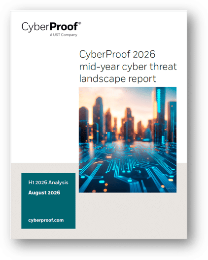 Cover of the “CyberProof 2026 mid-year cyber threat landscape report” featuring a city skyline seamlessly integrated with a digital circuit board graphic, visually representing the evolving cyber threat landscape 2026.