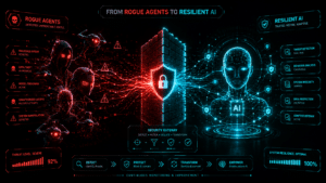Infographic contrasting rogue agents and resilient AI, with a secure gateway in the center, icons, system stats, and lines connecting human faces to either side.