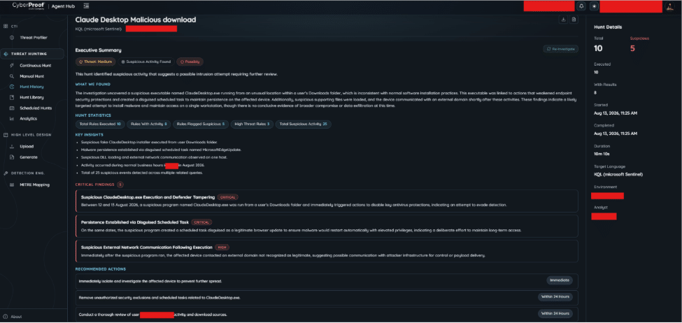 Screenshot of a cybersecurity dashboard detailing a malicious download involving a fake Claude desktop, with incident summary, attack analysis, impacted devices, and highlighted threat alerts and detection timeline.